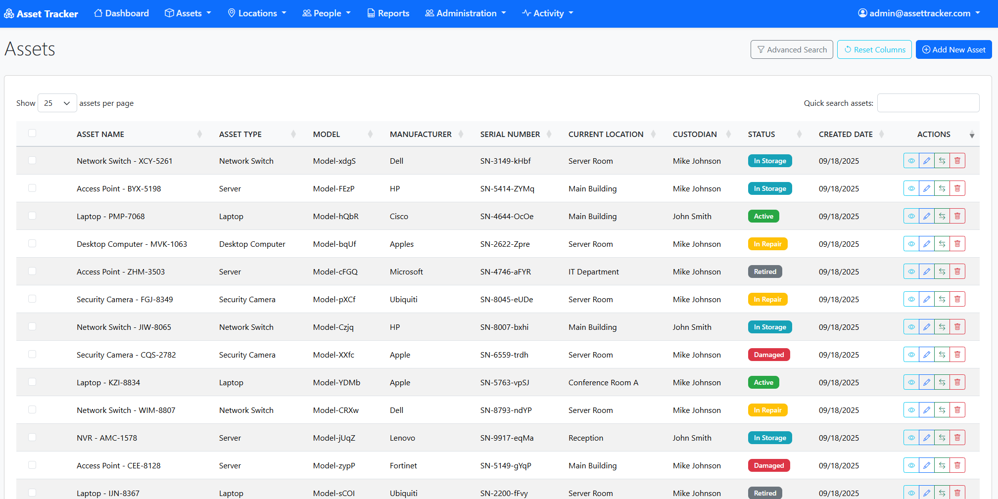 Asset Tracker asset list showing detailed asset information, status tracking, and management tools